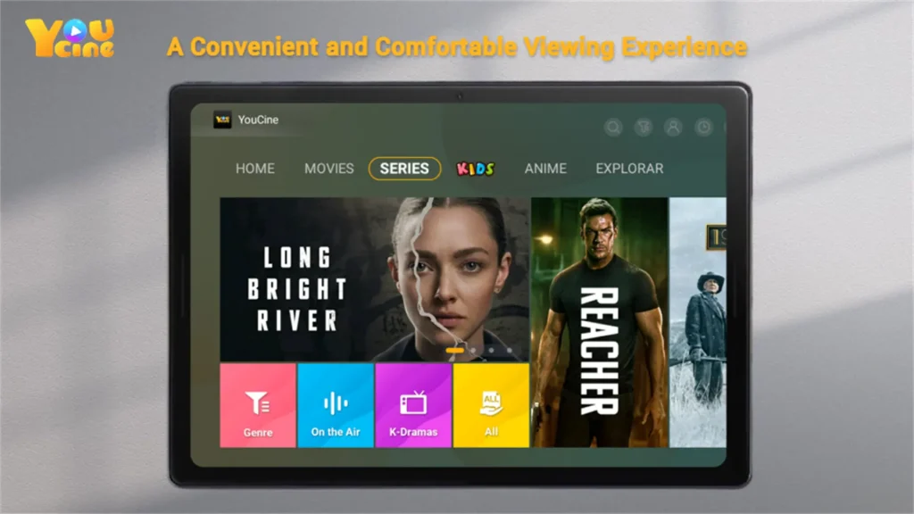 Youcine interface showcasing numerous movies and series, featuring selections from Hollywood and Disney.