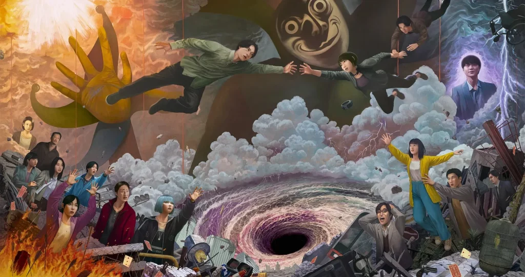 An artistic representation of characters from Alice in Borderland Season 3, showcasing their dynamic interactions and emotions.