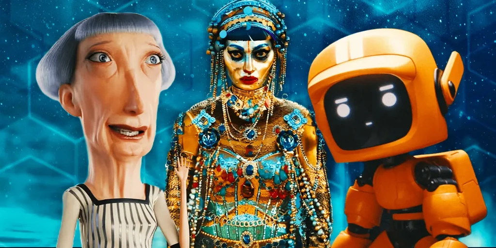 Scene from Love, Death & Robots Vol. 4 showcasing a group of people, a robot, and an alien interacting in a vibrant setting.