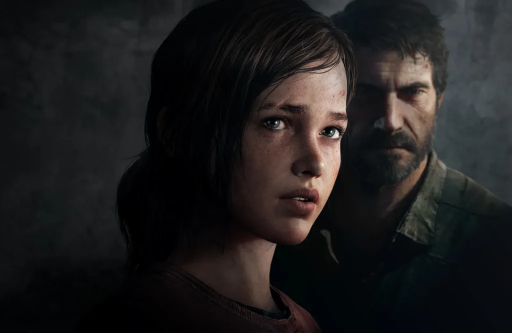 Banner for The Last of Us featuring a man and a girl in a post-apocalyptic setting.