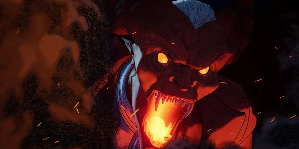 A detailed robot illustration from Love, Death & Robots Vol. 4, featuring metallic textures and vibrant lights.