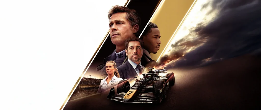 Movie poster for F1: Drive to Survive featuring Brad Pitt and actors in racing gear with a sleek car backdrop.