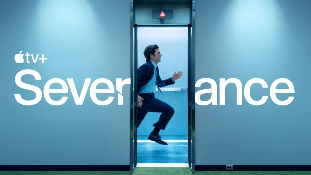 Banner for "Severance" renewal on Apple TV, featuring the show's logo and promotional imagery.
