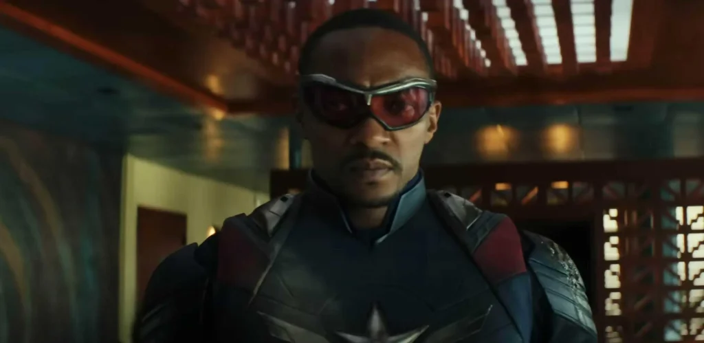 Sam Wilson, in his Captain America outfit, is poised to soar into action, exuding confidence and readiness for adventure.
