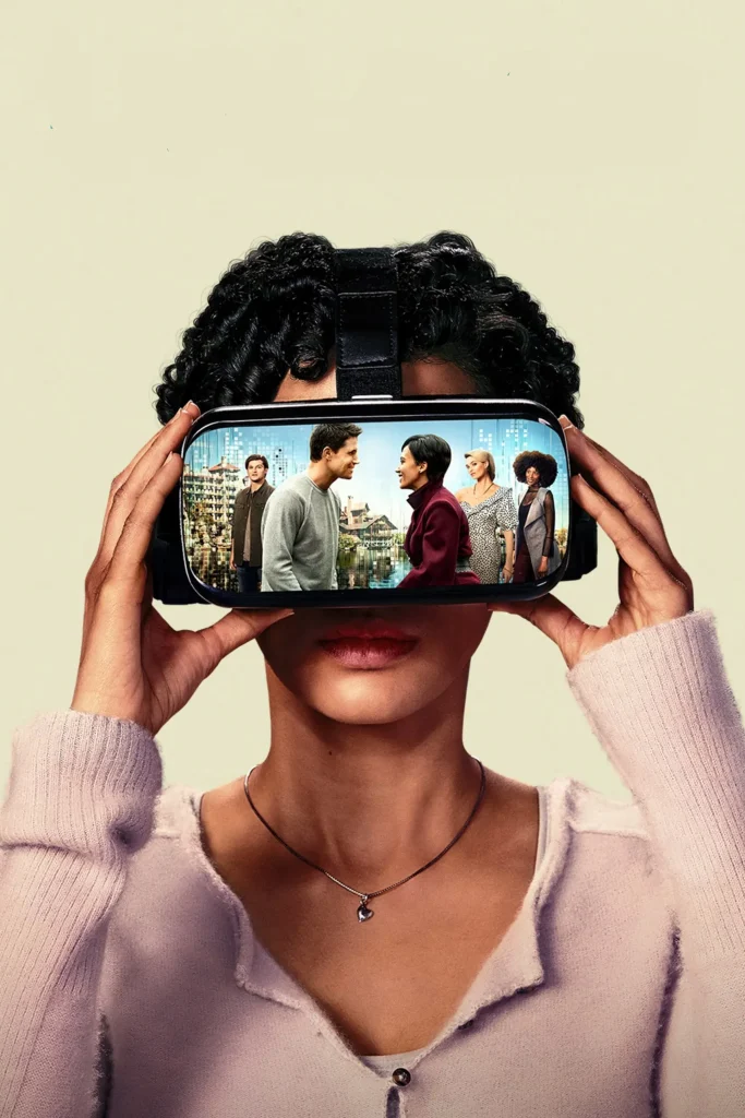 A woman in Apple Vision-like glasses is surrounded by digital clutter, representing a clever concept obscured by technology.