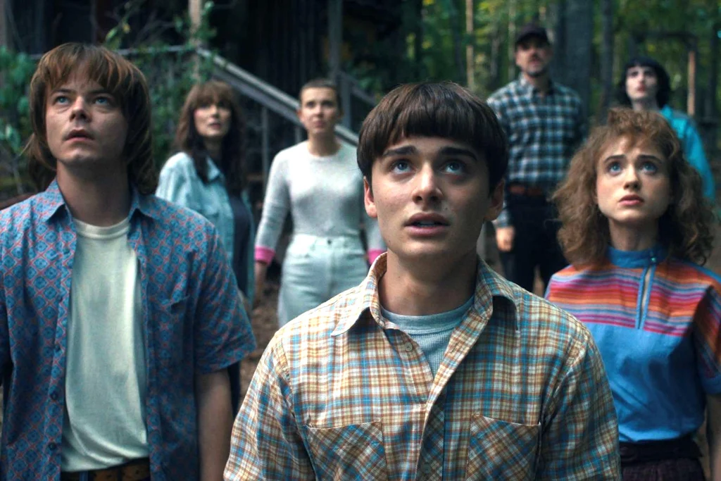 Stranger Things Season 5 showing characters looking shocked at a dreadful sight, capturing the emotional farewell to Hawkins.