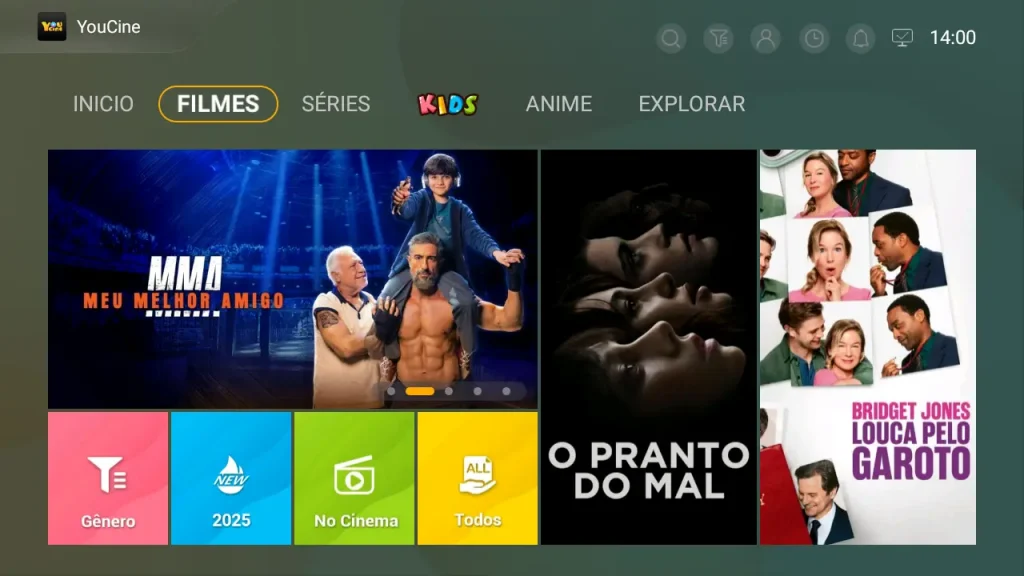 Youcine platform interface showcasing a grid of movie images, a prominent search bar, and a streamlined navigation panel.