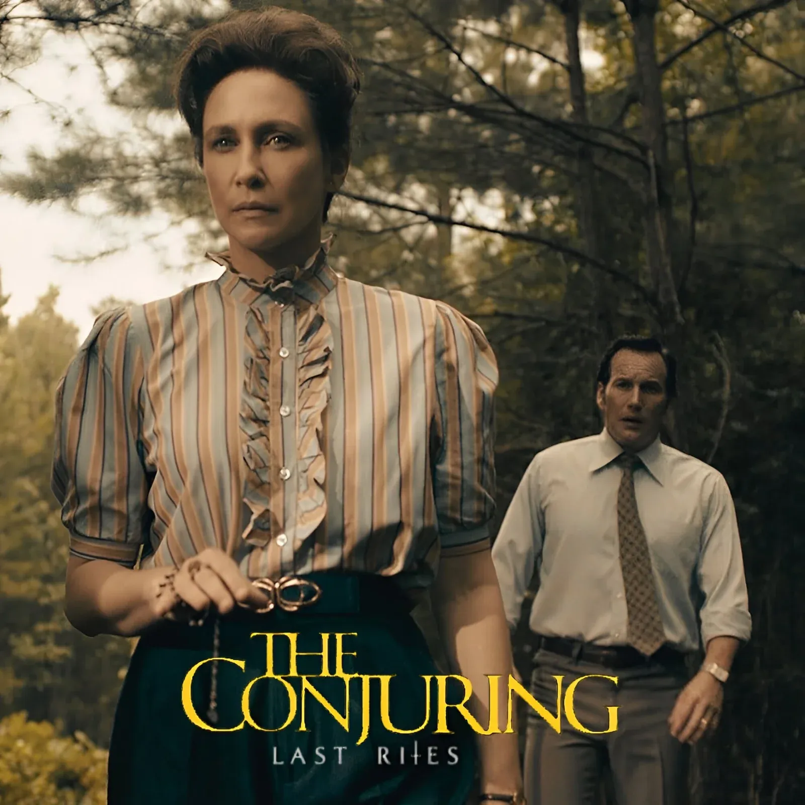 Movie poster for "The Conjuring: The Last Rites," featuring a man and a woman in a tense, eerie setting.