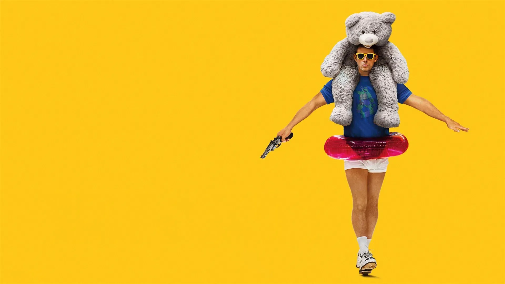 On a yellow background, a man holds a gun and a toy bear, symbolizing the contradictions of "Roofman": A Strange-But-True Story.