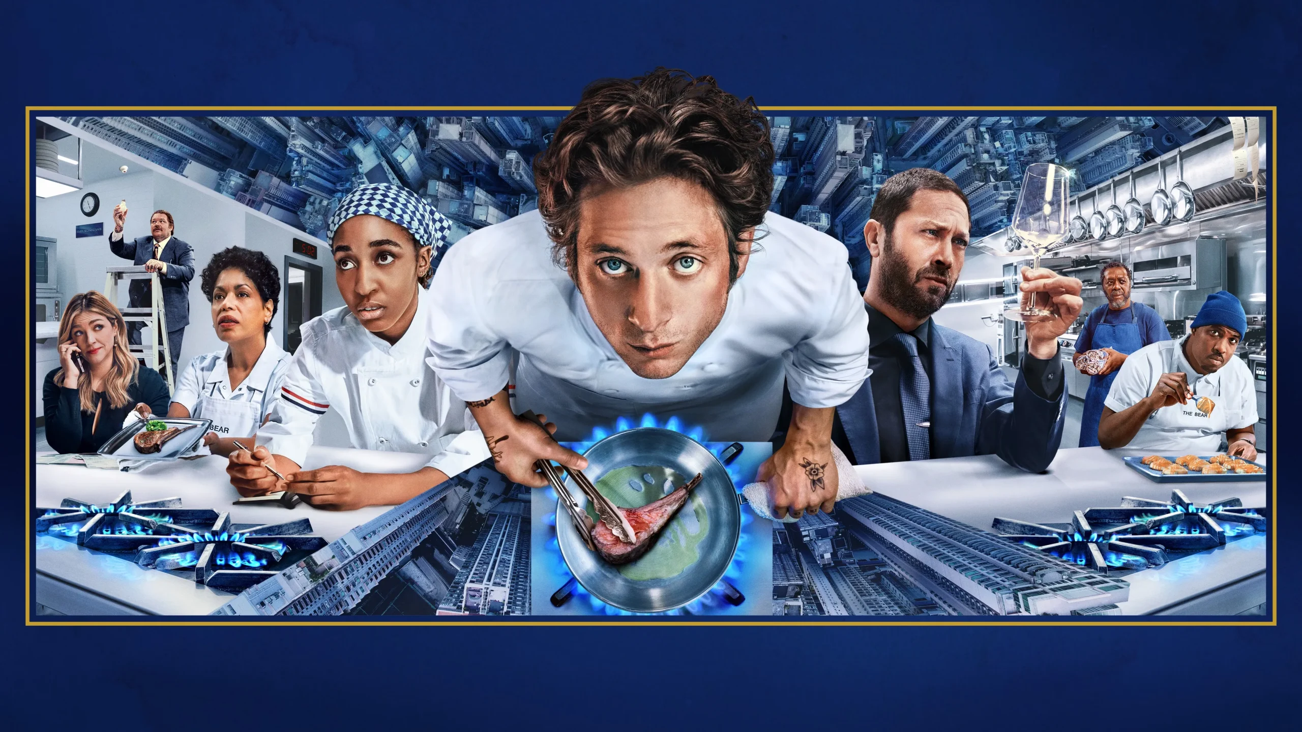 Banner for The Bear Season 1 featuring actors, highlighting themes of chaos and healing in a high-pressure environment.